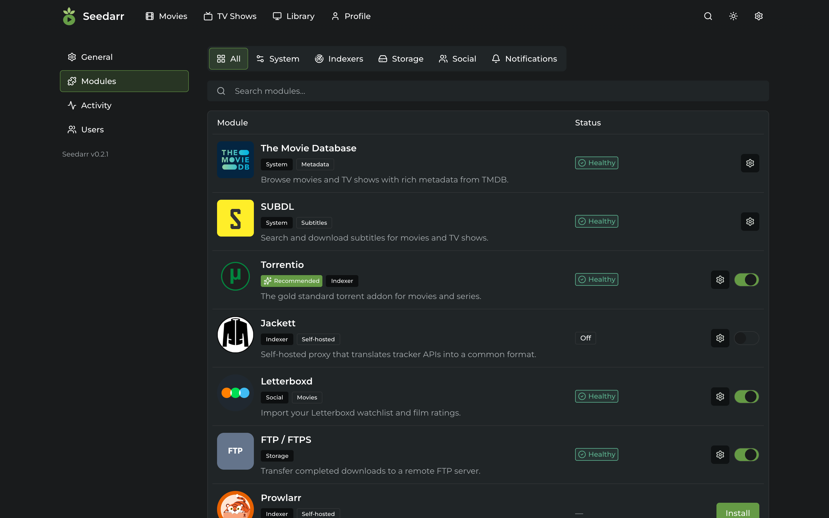Seedarr modules catalog with indexers, storage, and social integrations