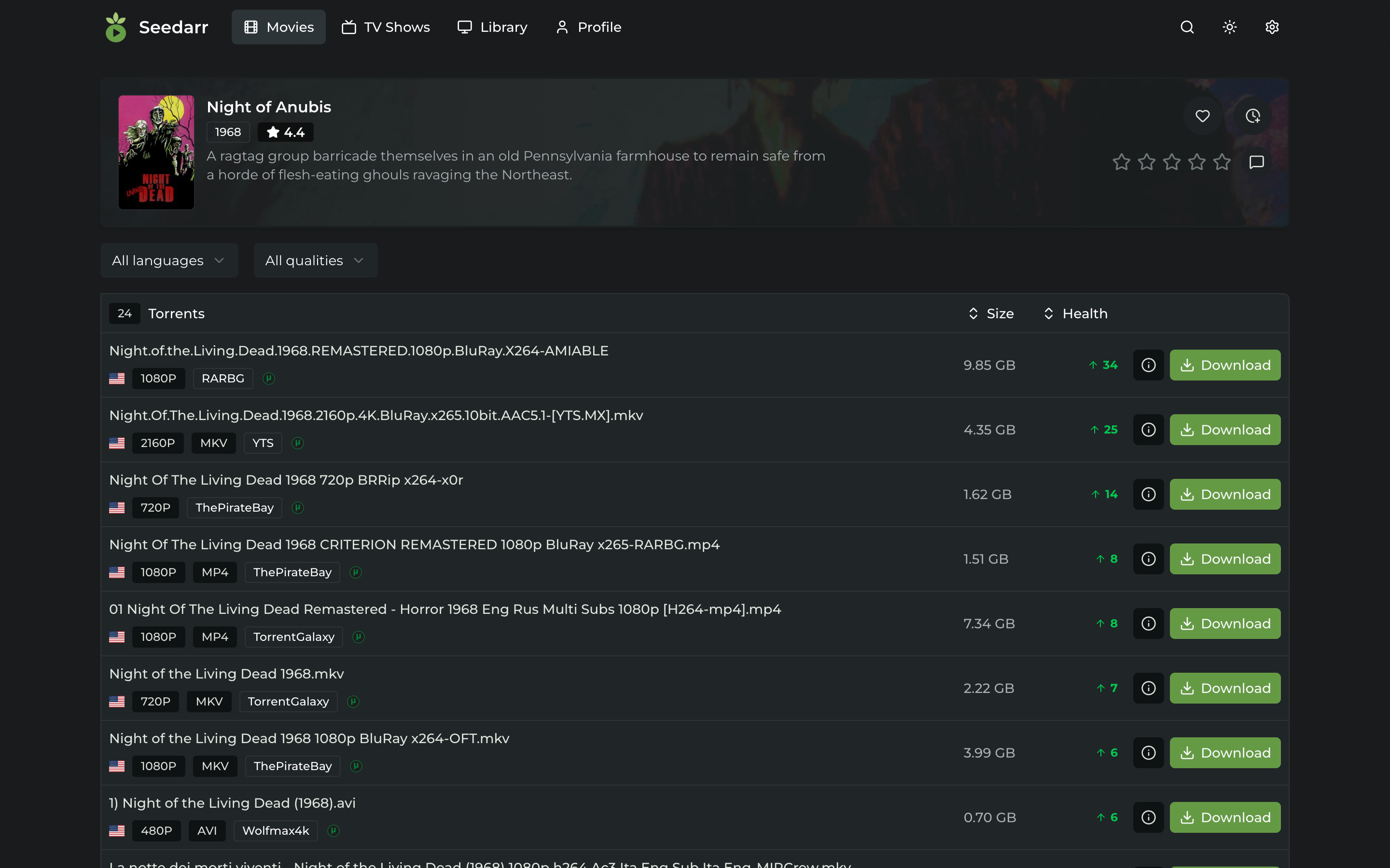 Torrent search results in Seedarr